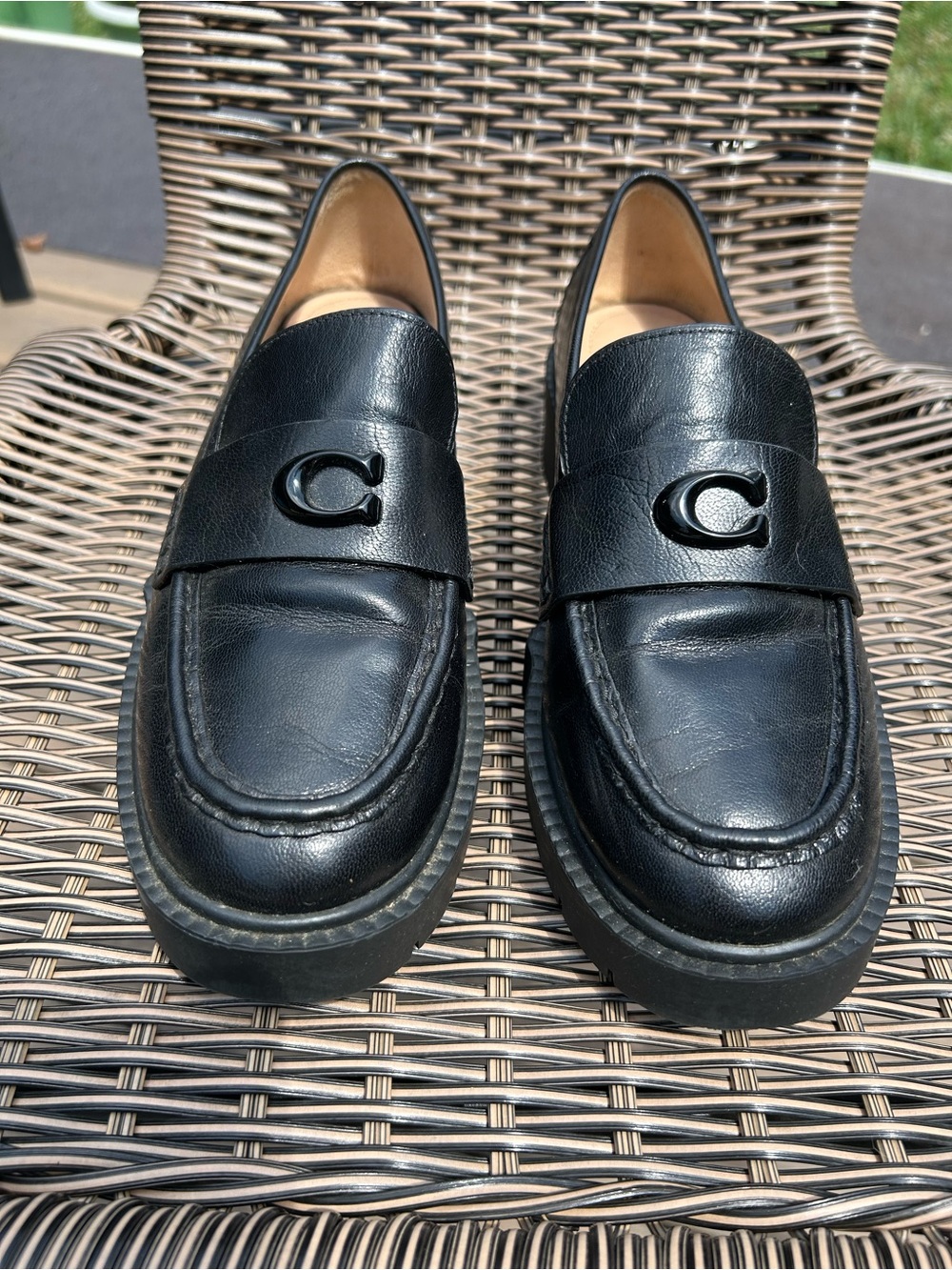 Coach Black Leather Slip-On Loafers with 'C' Hardware